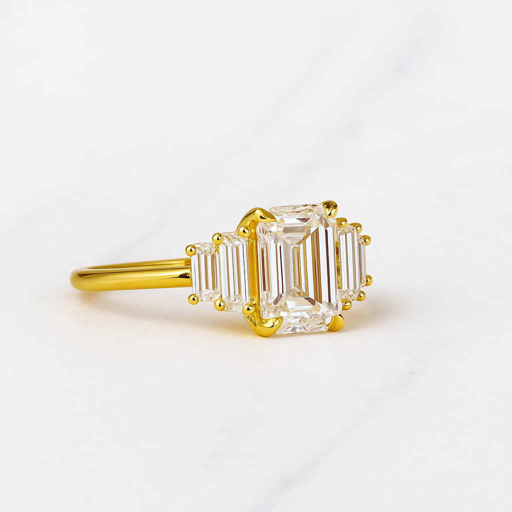 Emerald Cut Lab Grown Diamond Bar Engagement Ring | East-West Baguette Style | 14K Solid Gold Modern Minimal Bridal Ring