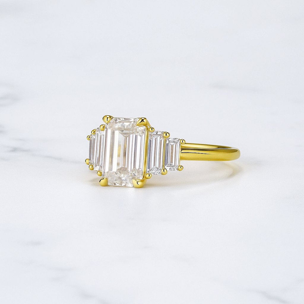 Emerald Cut Lab Grown Diamond Bar Engagement Ring | East-West Baguette Style | 14K Solid Gold Modern Minimal Bridal Ring