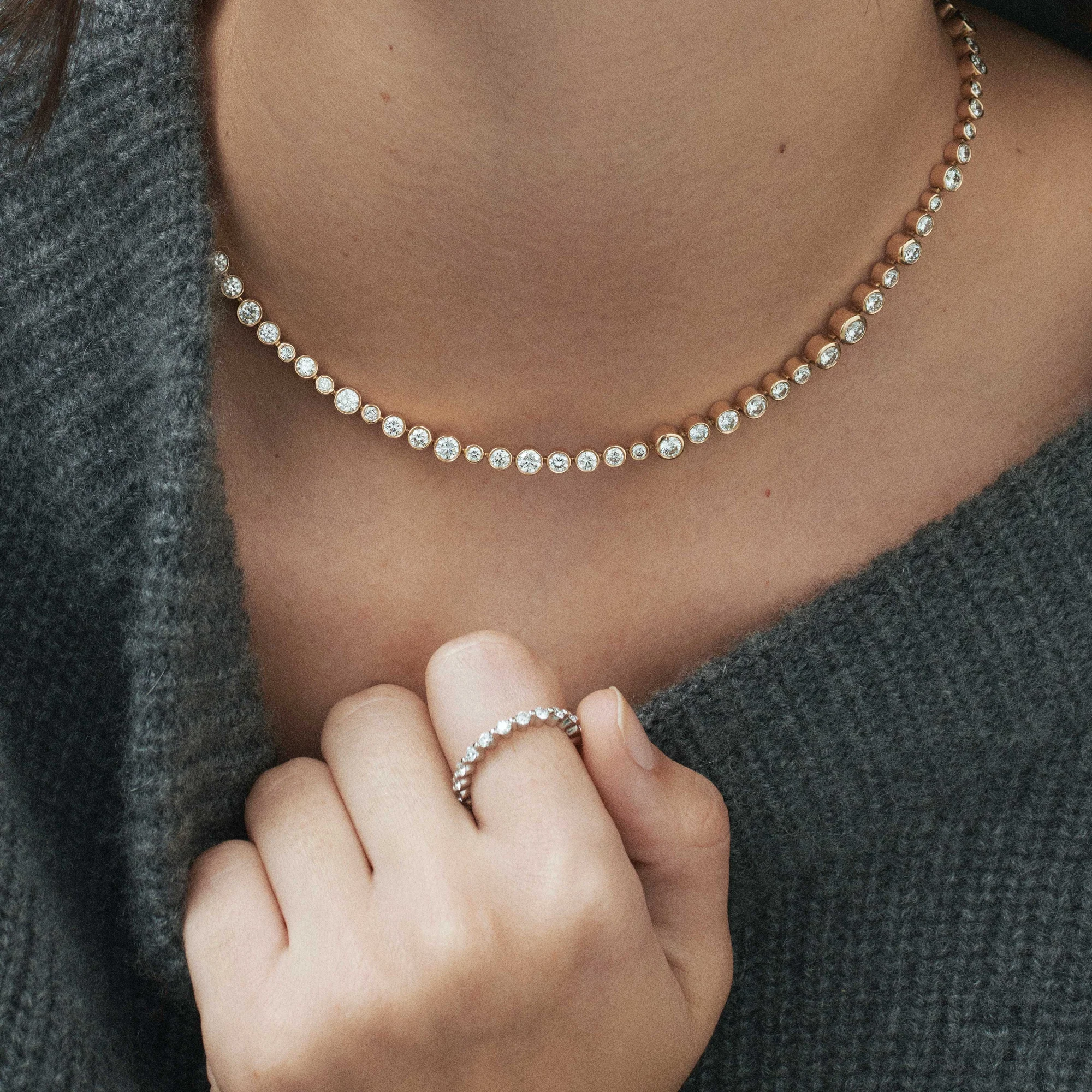 Diamond Tennis Necklace | Round Bezel Set | Lab Grown | 14K / 18K Gold