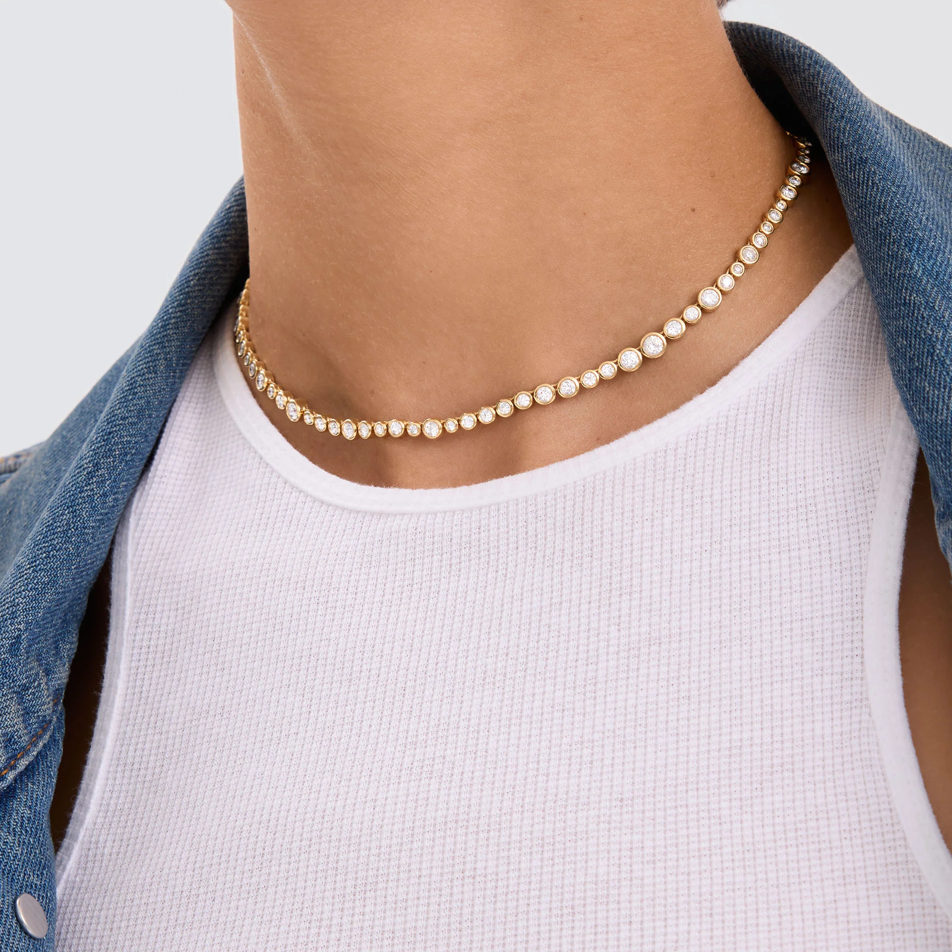 Diamond Tennis Necklace | Round Bezel Set | Lab Grown | 14K / 18K Gold