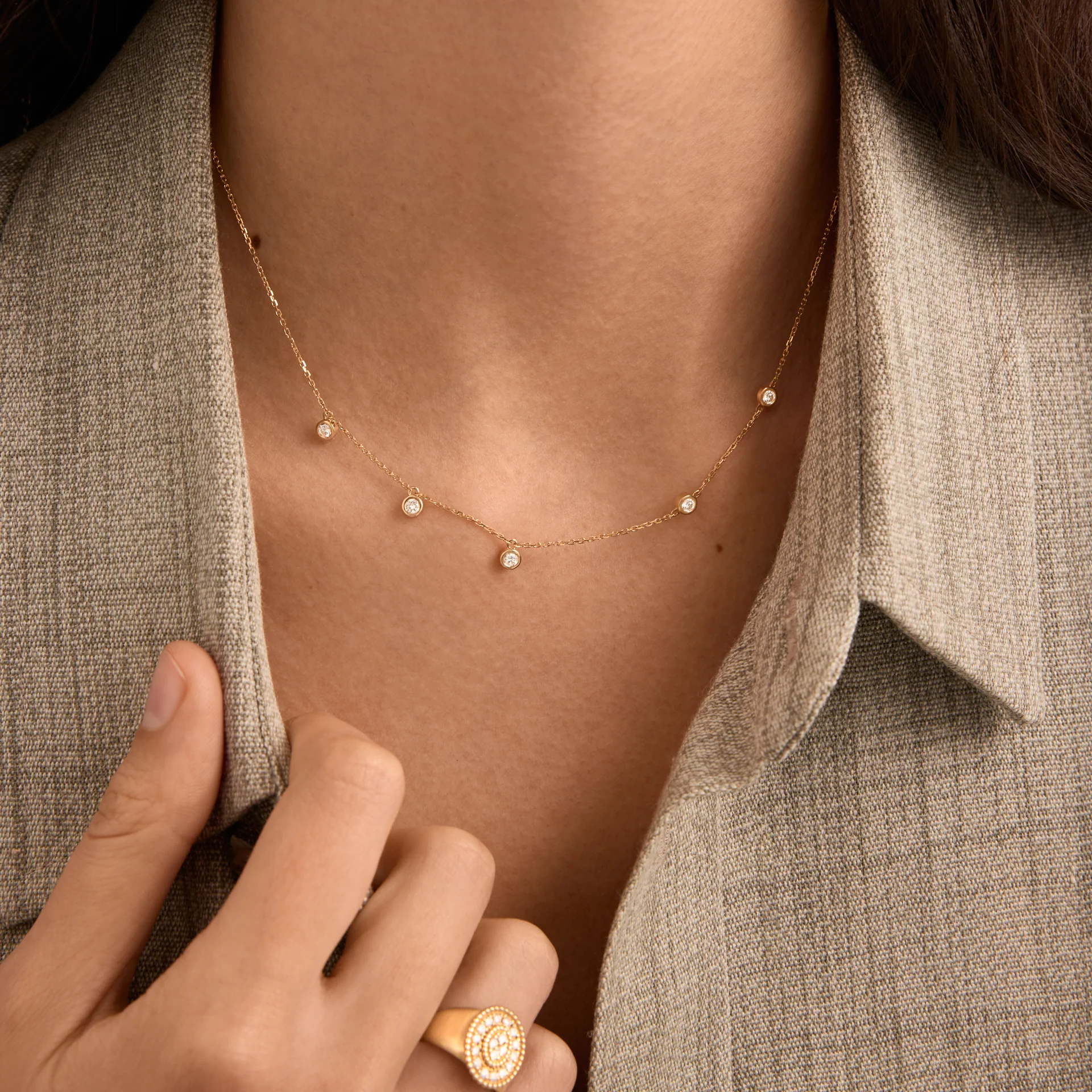 Minimal Diamond Station Necklace | Bezel Set | Lab Grown | 14K Yellow Gold