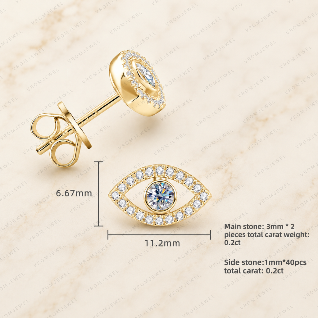 Evil Eye Lab Grown Diamond Stud Earrings, Eye Shape Diamond Earrings, Solid Gold Evil Eye Studs, Minimalist Diamond Earrings, Gift For Her