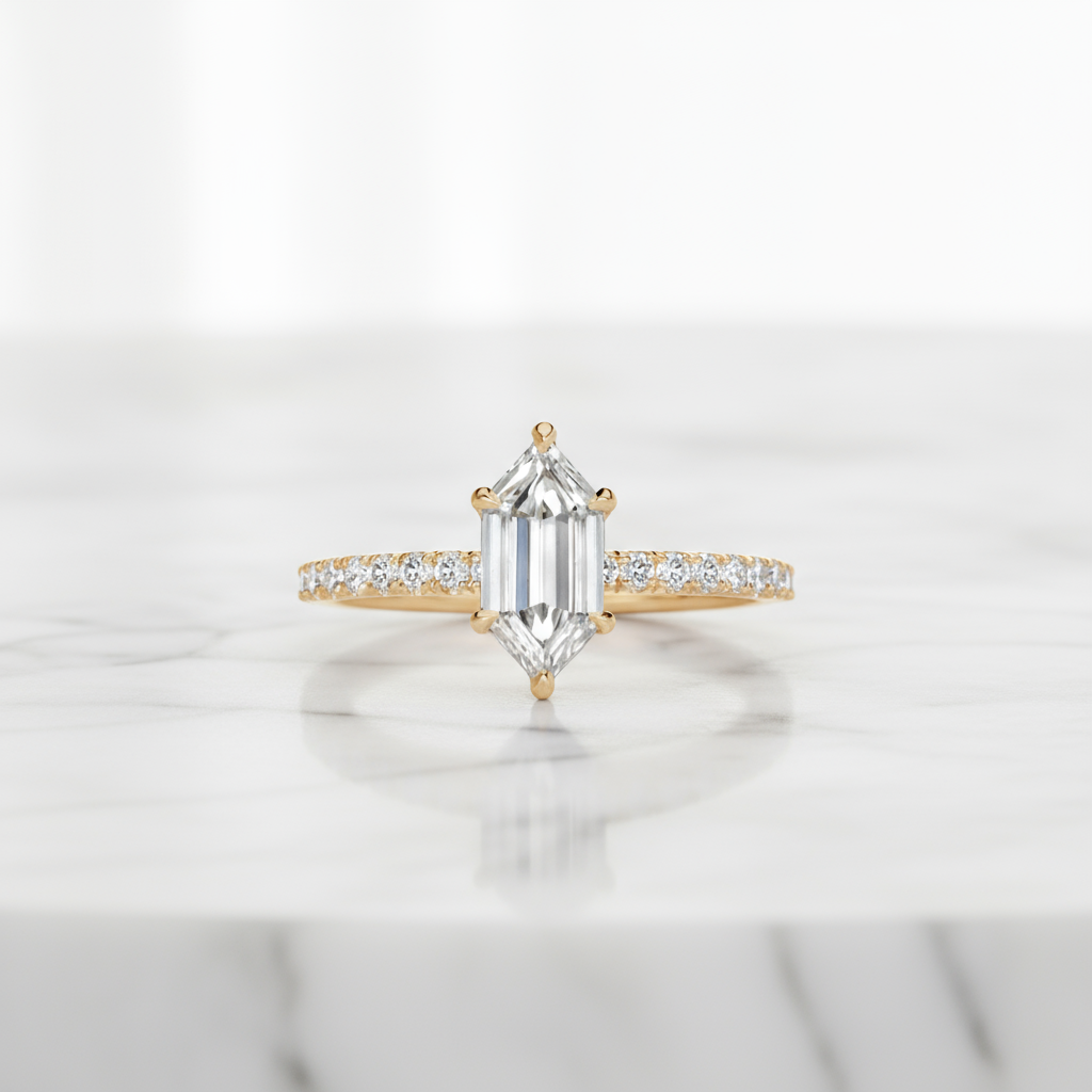 Celestine 1.40 CT Hexagon Lab-Grown Diamond Engagement Ring | Solid Gold Solitaire | IGI Certified Unique Bridal Ring