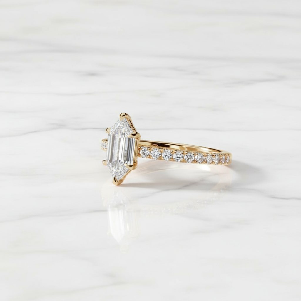 Celestine 1.40 CT Hexagon Lab-Grown Diamond Engagement Ring | Solid Gold Solitaire | IGI Certified Unique Bridal Ring