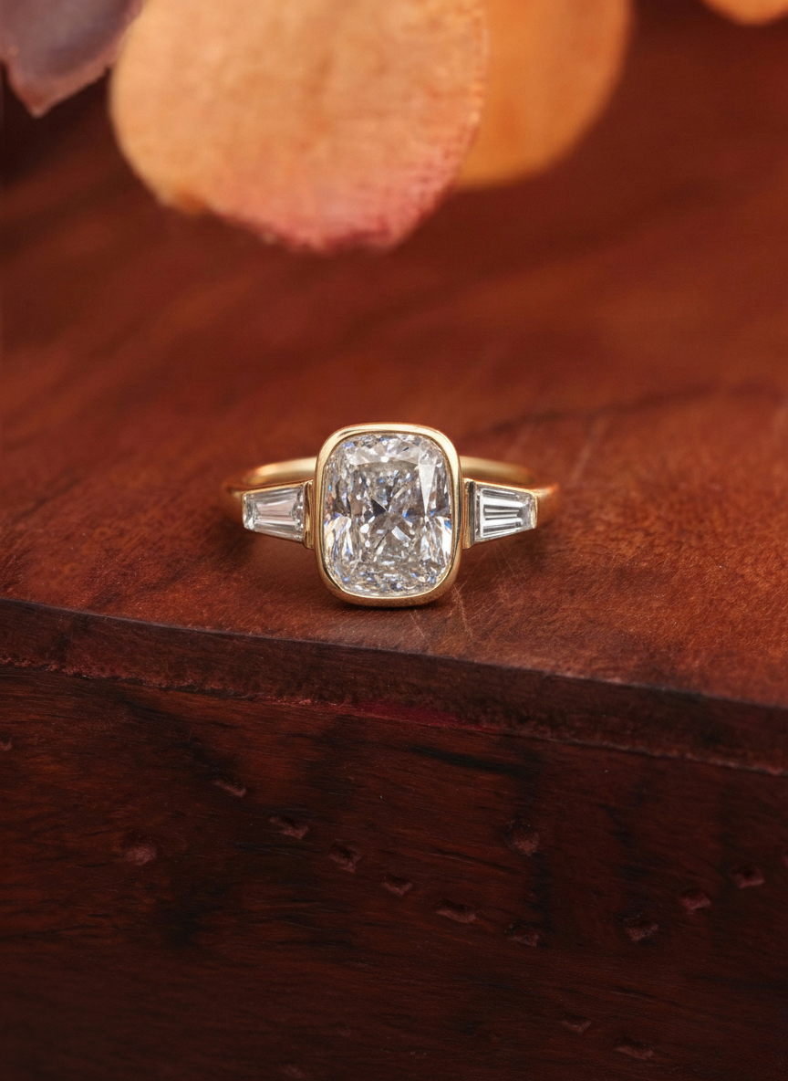 Cushion Cut Lab Grown Diamond Engagement Ring, Tapered Baguette Side Stone Ring, 14K Yellow Gold, Three Stone Diamond Ring, Proposal Ring