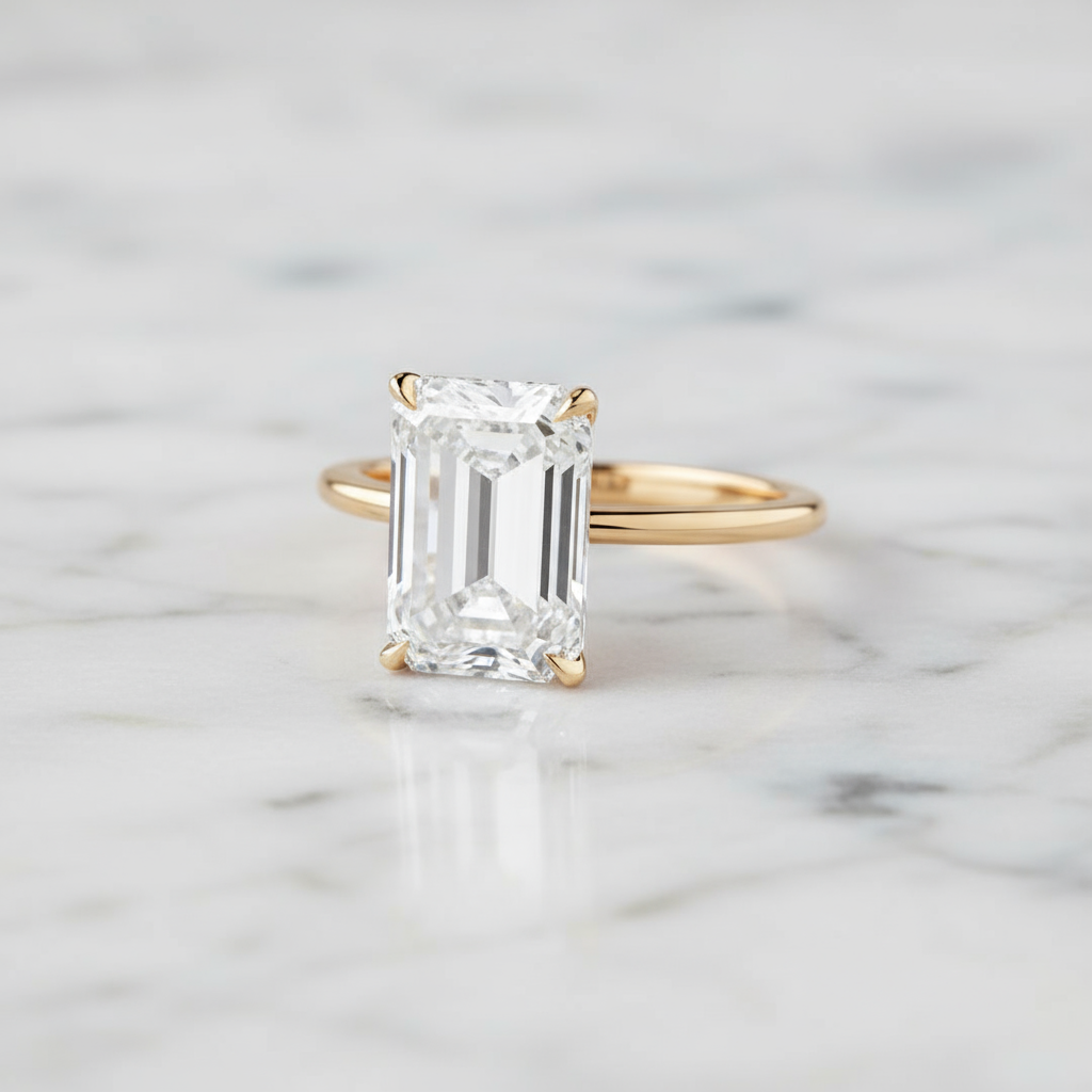 8CT Emerald Cut Modern Prong Set Ring | Lab Grown Diamond | 14K Yellow Gold