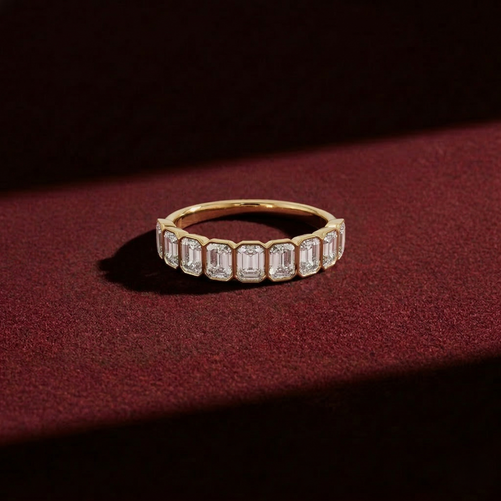 Emerald Cut Lab Grown Diamond Bezel Set Bridal Ring in Solid 14K Gold