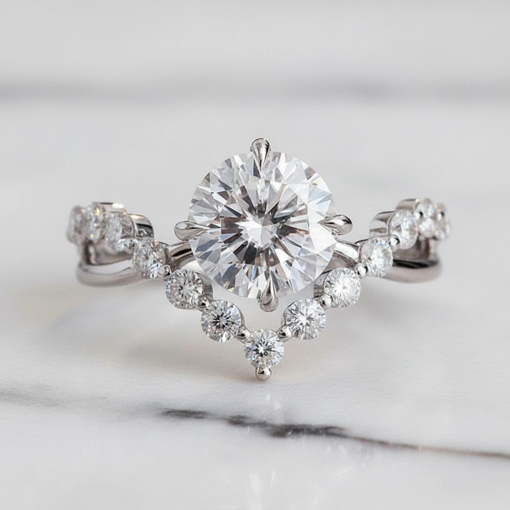 Unique V-Crown Ring Round Cut | Lab Grown Diamond | 14K Yellow Gold