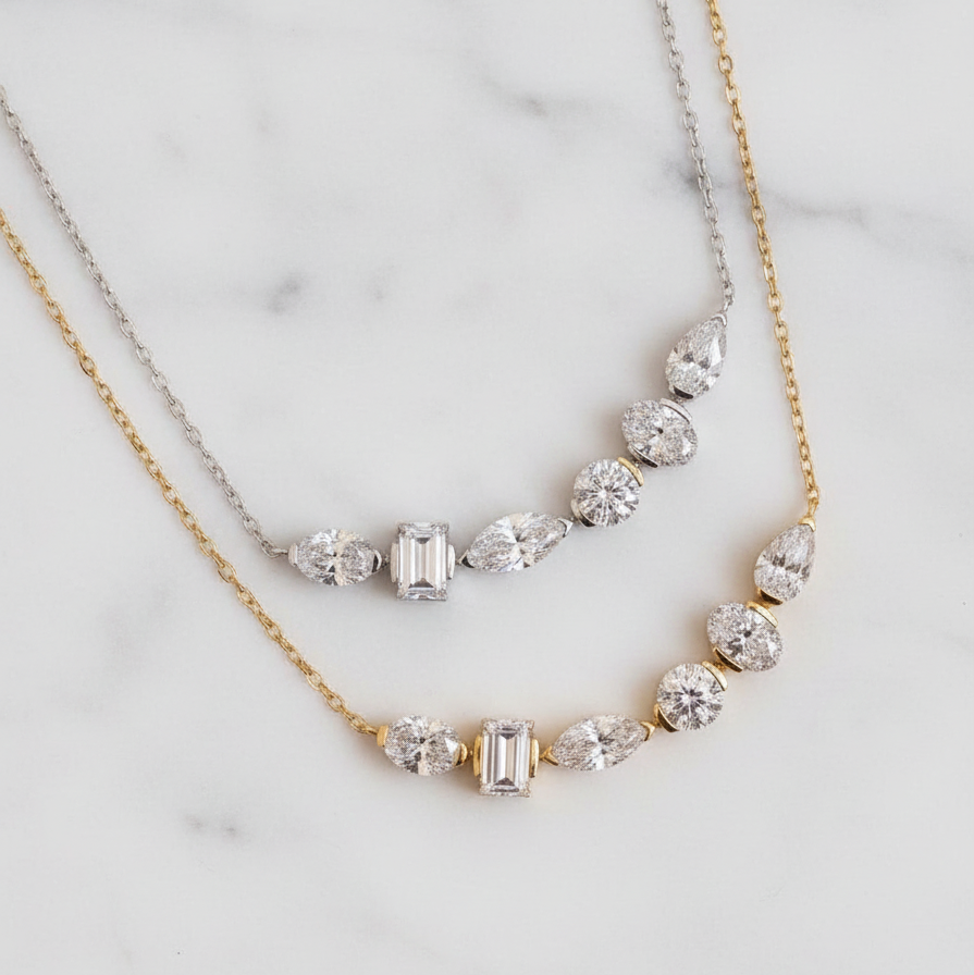 Dainty Floating Mixed Shape Necklace | Lab Grown Diamond | 14K Yellow Gold Minimalist Pendant