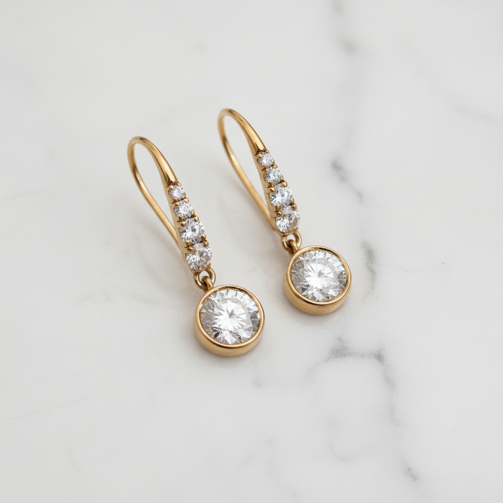 Drop Earrings Bezel Set Dangle | Lab Grown Diamond | 14K Yellow Gold Art Deco Style