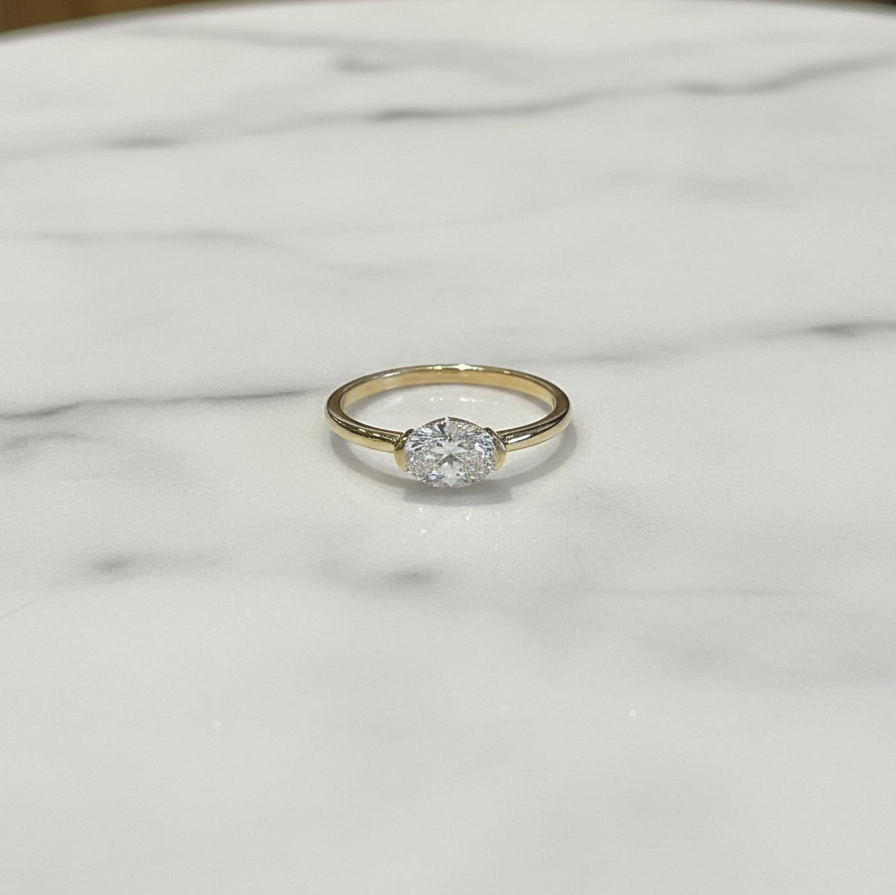 East West Oval Half Bezel Solitaire Ring | Lab Grown Diamond | 14K Yellow Gold Modern Minimalist