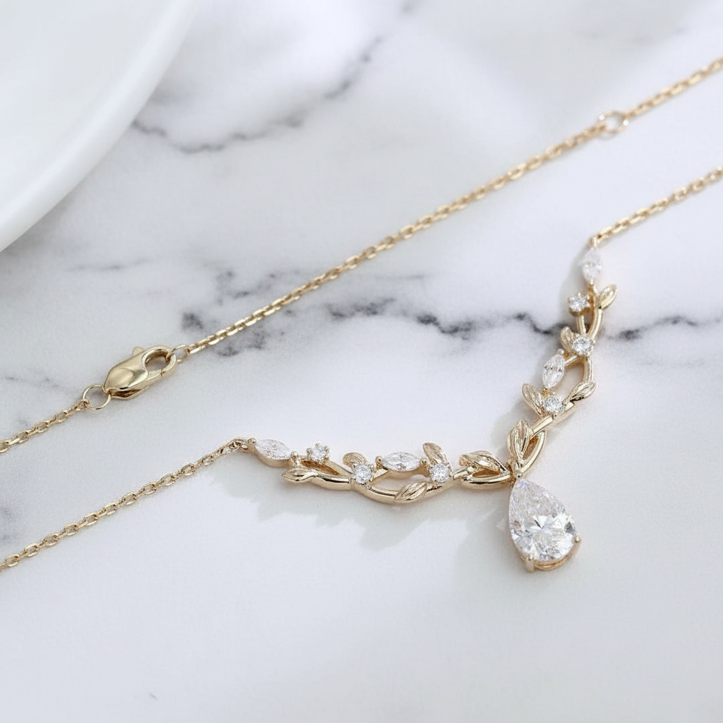 Leaf Branch Vine Pendant Necklace | Lab Grown Diamond | 14K Yellow Gold