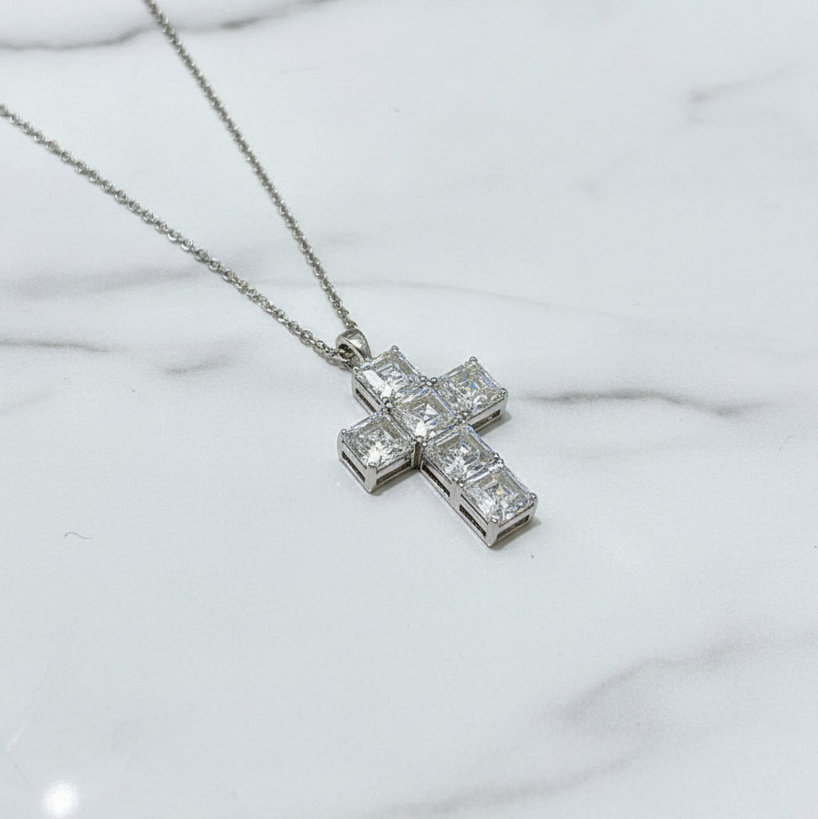 Cross Pendant Necklace Asscher Cut | Lab Grown Diamond | 14K Yellow Gold