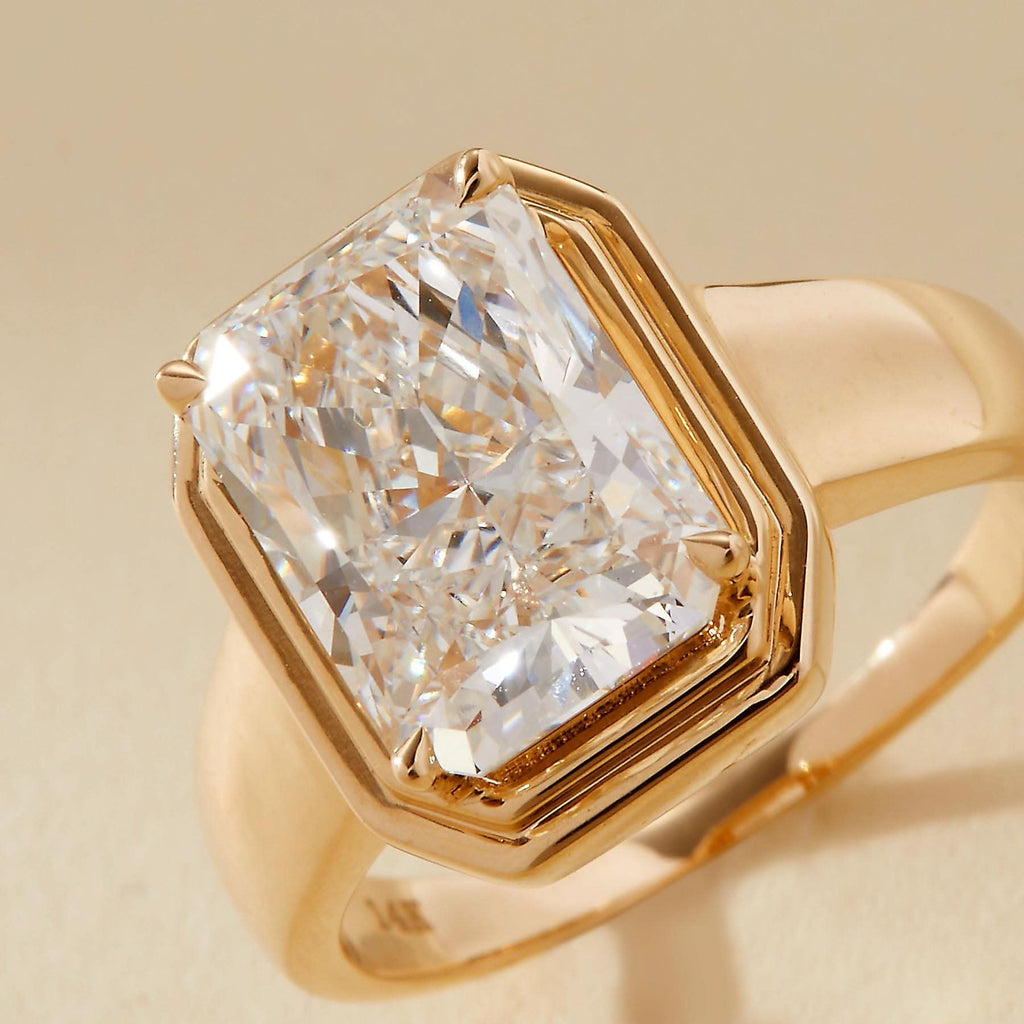 Modern Radiant Cut Bezel Set Ring | Lab Grown Diamond | 14K Yellow Gold Fine Jewelry