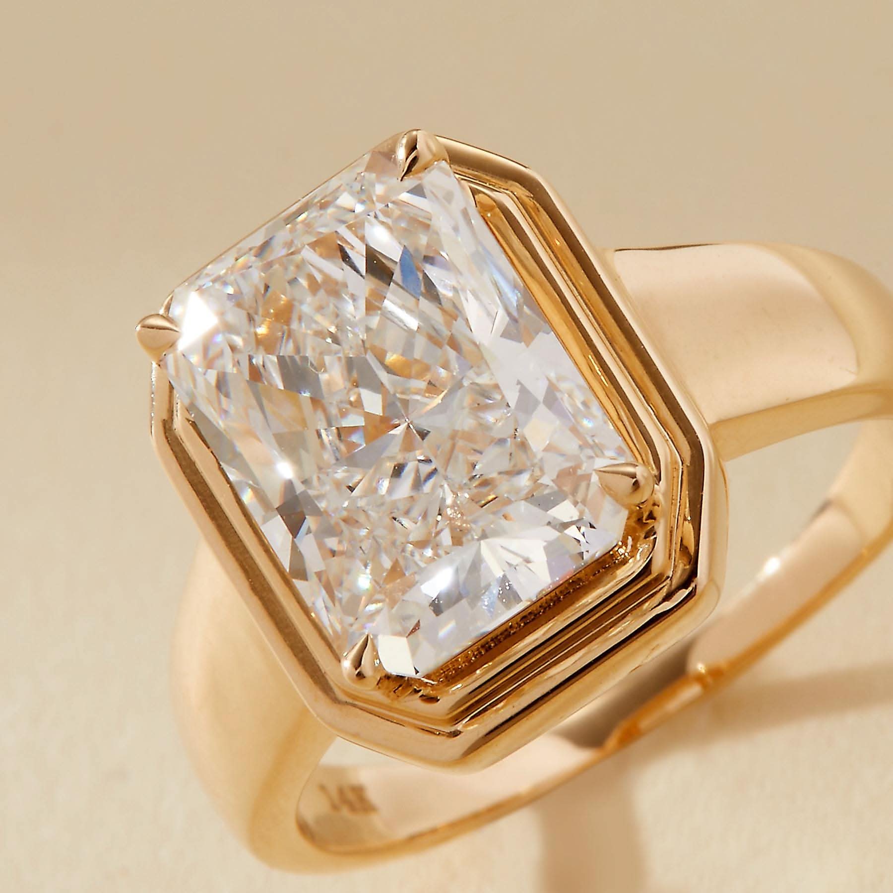 Modern Radiant Cut Bezel Set Ring | Lab Grown Diamond | 14K Yellow Gold Fine Jewelry