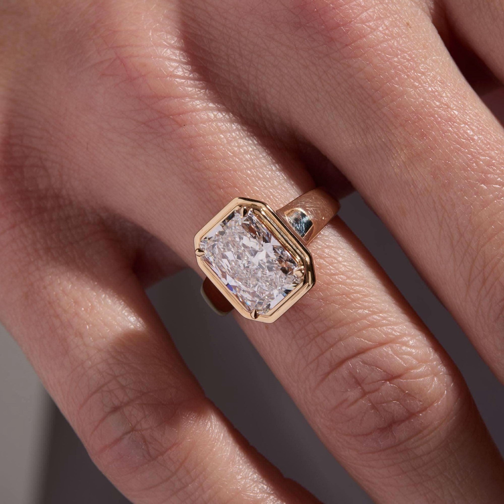 Modern Radiant Cut Bezel Set Ring | Lab Grown Diamond | 14K Yellow Gold Fine Jewelry