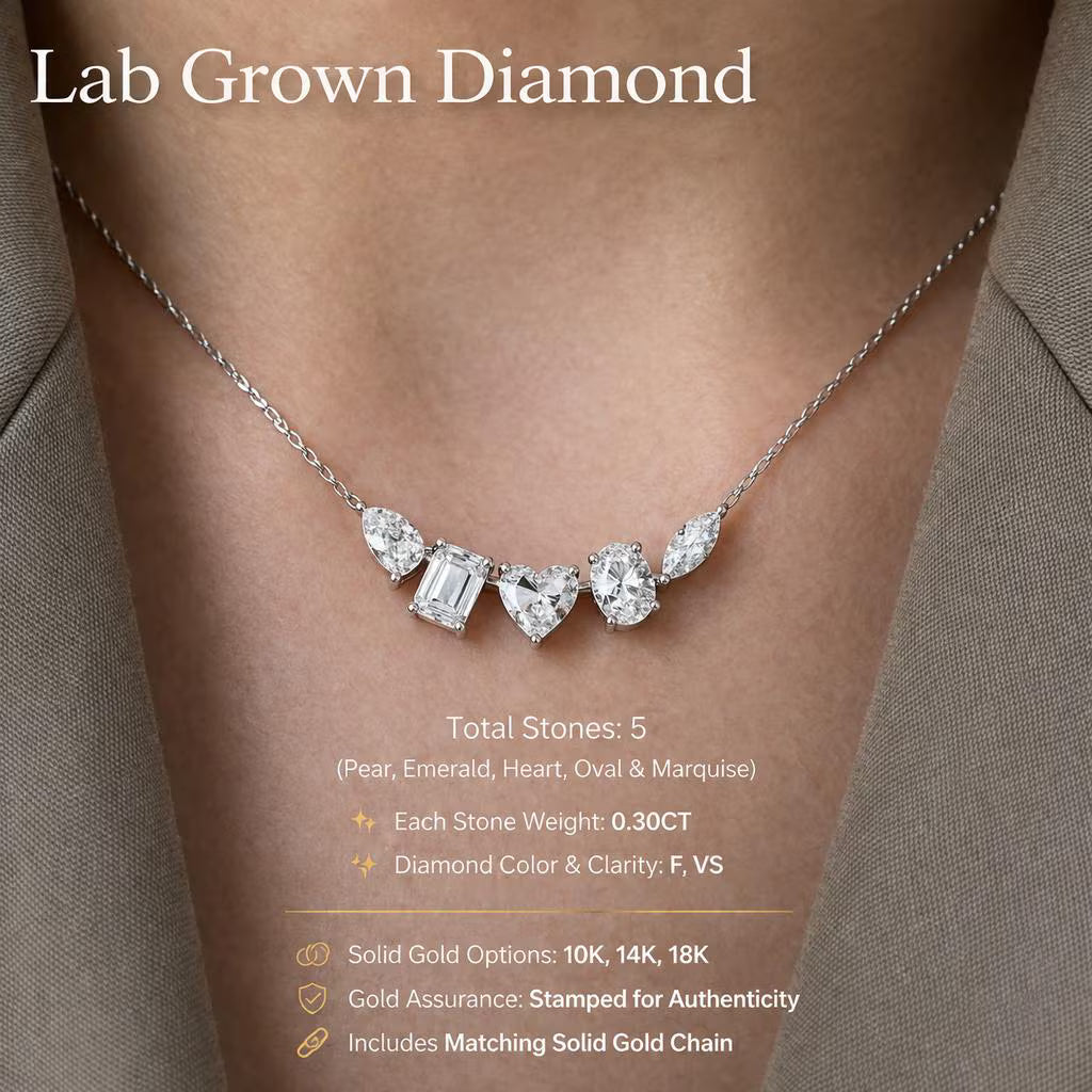 Minimal Multi Shape Lab Grown Diamond Necklace, 14K Gold Diamond Pendant, Pear Emerald Heart Oval Marquise Necklace, Unique Gift for Her