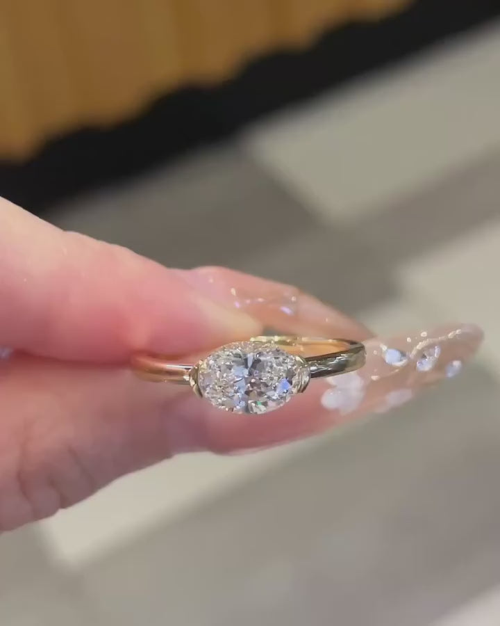 East West Oval Half Bezel Solitaire Ring | Lab Grown Diamond | 14K Yellow Gold Modern Minimalist