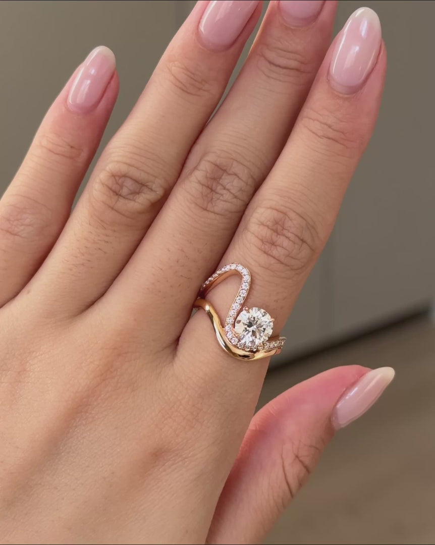 Round Lab Grown Diamond Engagement Ring, Twisted Pavé Diamond Ring, 14K Gold Infinity Style Ring, Unique Halo Diamond Ring