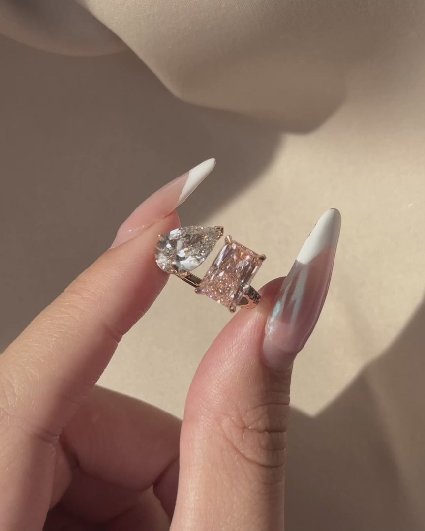 Pear and Radiant Pink Lab Grown Diamond Toi et Moi Ring, Two Stone Engagement Ring, 14K Yellow Gold Statement Diamond Ring, IGI Certified