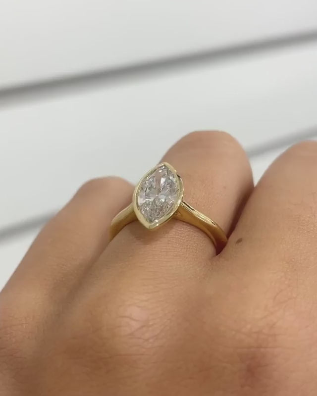 1.00 CT Lab Grown Marquise Diamond Ring: 14k Gold Bezel Solitaire