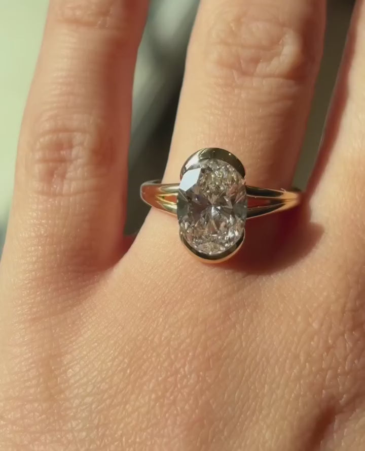 Minimal Oval Half Bezel Ring | Lab Grown Diamond | 14K Yellow Gold