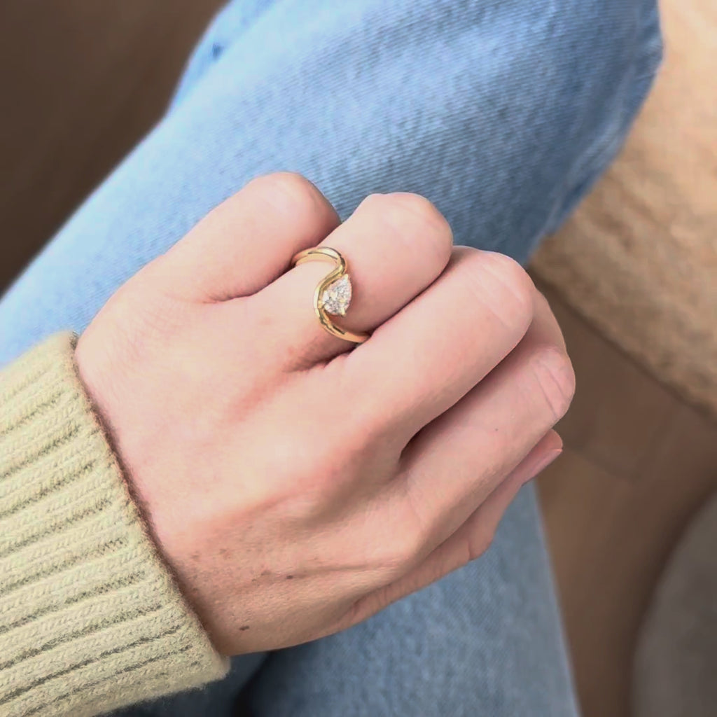 Pear Diamond Wave Engagement Ring | Lab Grown | 14K Gold Solitaire
