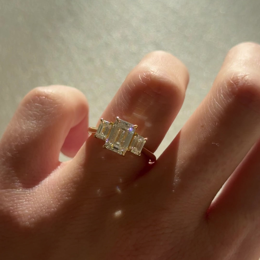 Elegant 3 Stone Emerald Engagement Ring | Lab Grown Diamond | 14K Yellow Gold Classic Three Stone Design