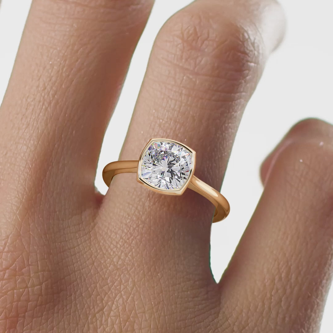 Cushion Cut Engagement Ring Bezel Setting | Lab Grown Diamond | 14K Yellow Gold Modern Ring