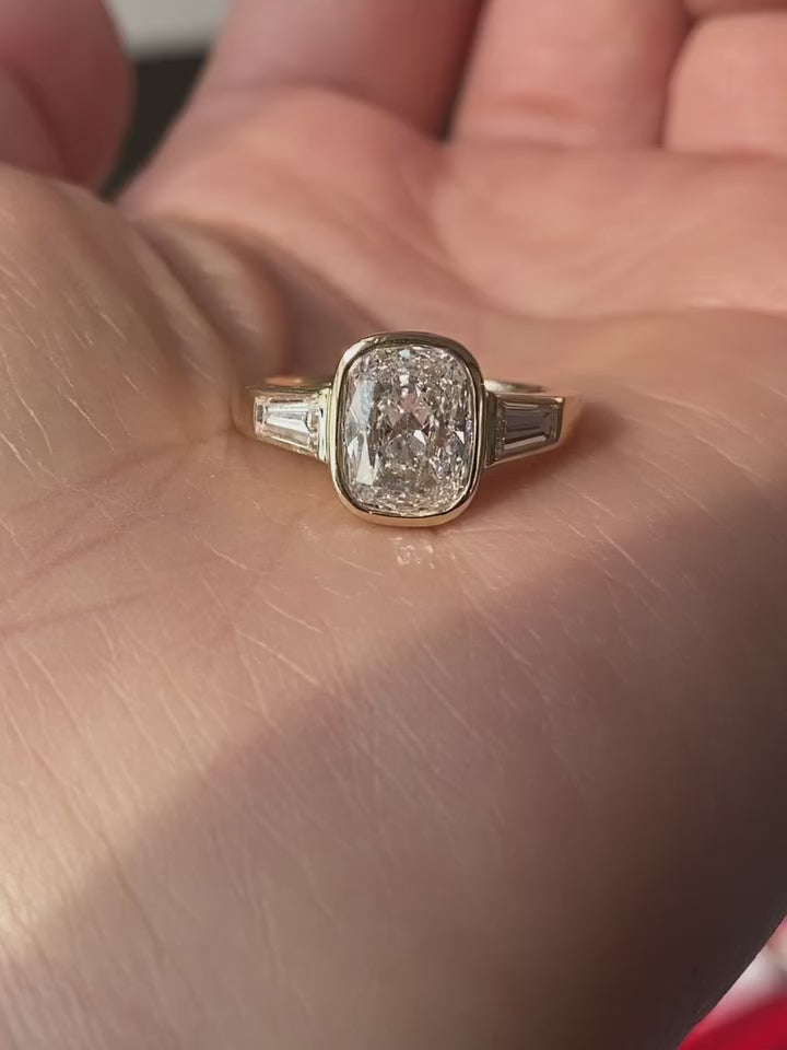 Cushion Cut Lab Grown Diamond Engagement Ring, Tapered Baguette Side Stone Ring, 14K Yellow Gold, Three Stone Diamond Ring, Proposal Ring