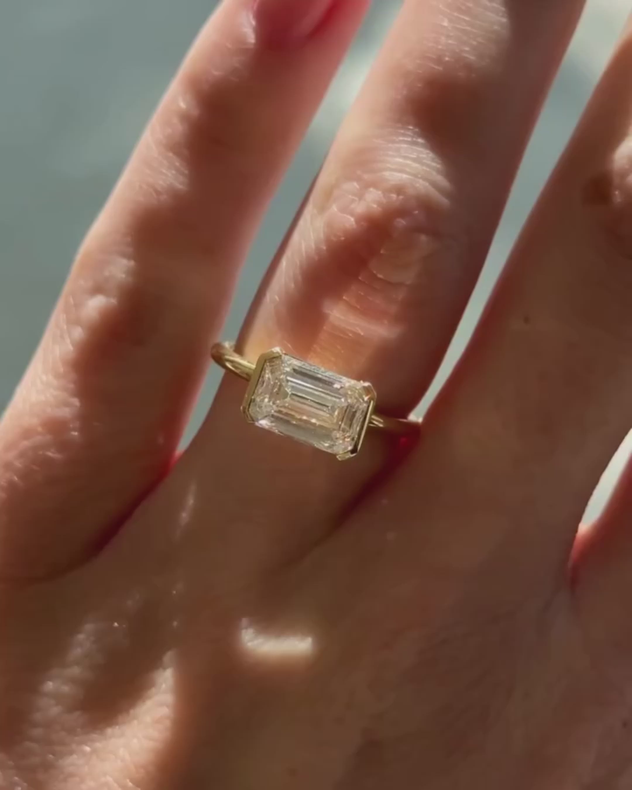 Emerald Cut Half Bezel East West Ring | Lab Grown Diamond | 14K Yellow Gold Modern Design