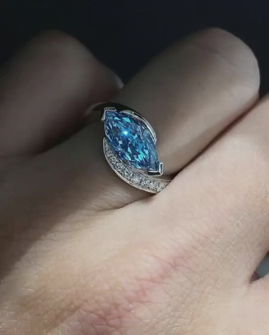 Blue Marquise Cut Halo Twist Style Engagement Ring | Lab Grown Diamond | 14K Yellow Gold
