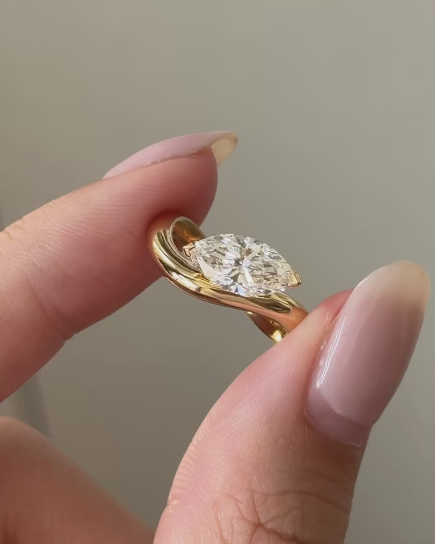 Marquise Lab Grown Diamond Ring, Minimalist Marquise Solitaire Engagement Ring, 14K Yellow Gold Open Ring, Modern Diamond Ring
