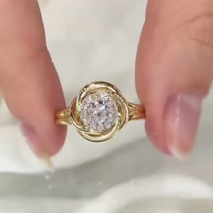 Dainty Round Shape Lab Grown Diamond Halo Ring in Solid 14K Gold Wire Band
