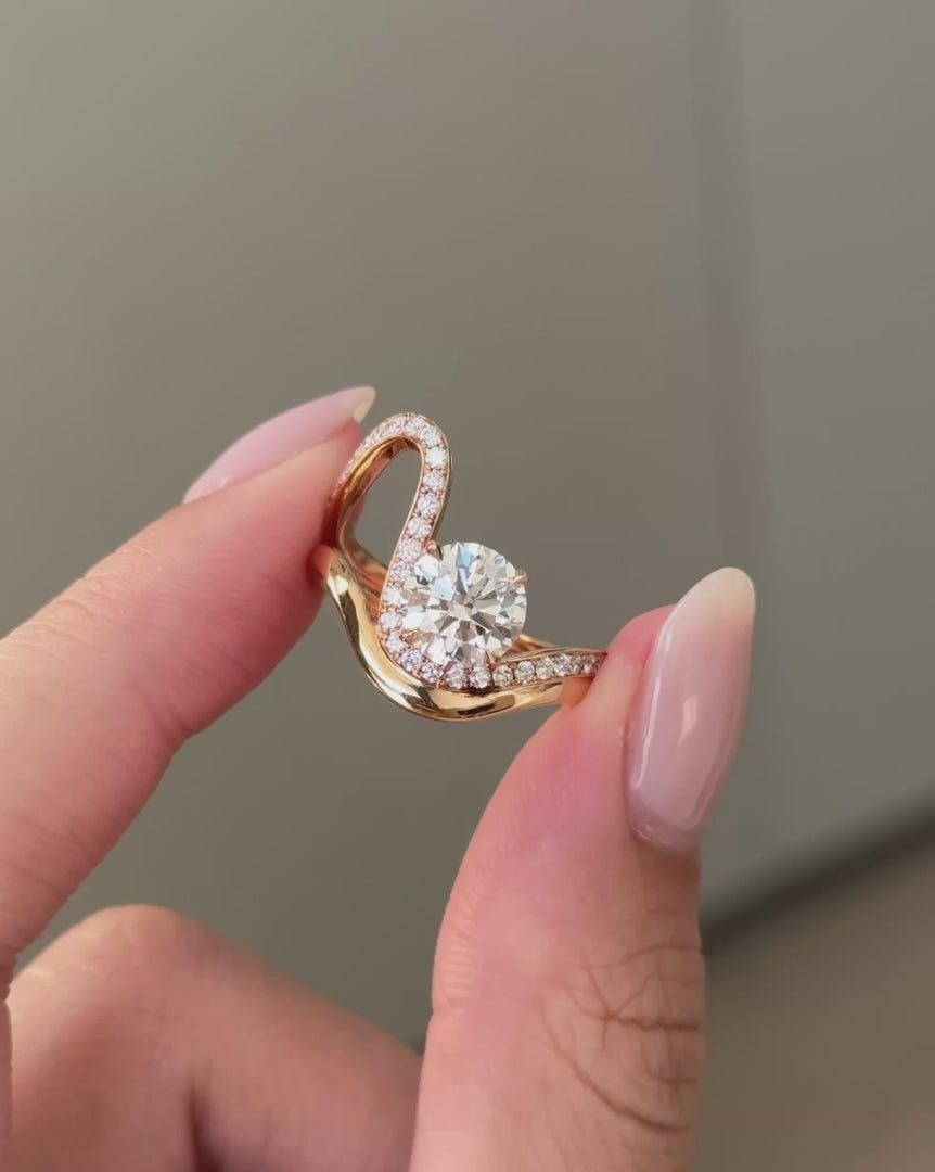 Round Lab Grown Diamond Engagement Ring, Twisted Pavé Diamond Ring, 14K Gold Infinity Style Ring, Unique Halo Diamond Ring