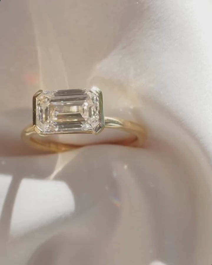 Emerald Cut Half Bezel East West Ring | Lab Grown Diamond | 14K Yellow Gold Modern Design