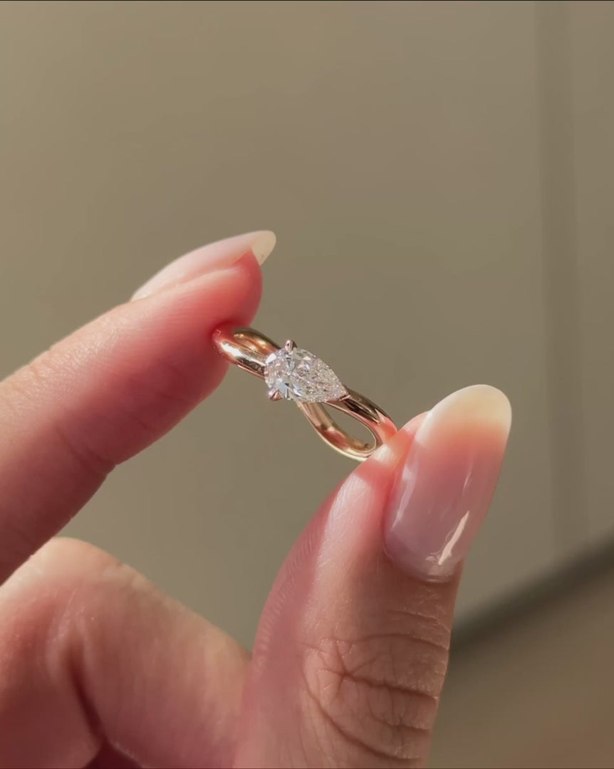Pear Lab Grown Diamond Engagement Ring, Minimalist Pear Solitaire Ring, 14K Yellow Gold Open Diamond Ring, Unique Promise Ring