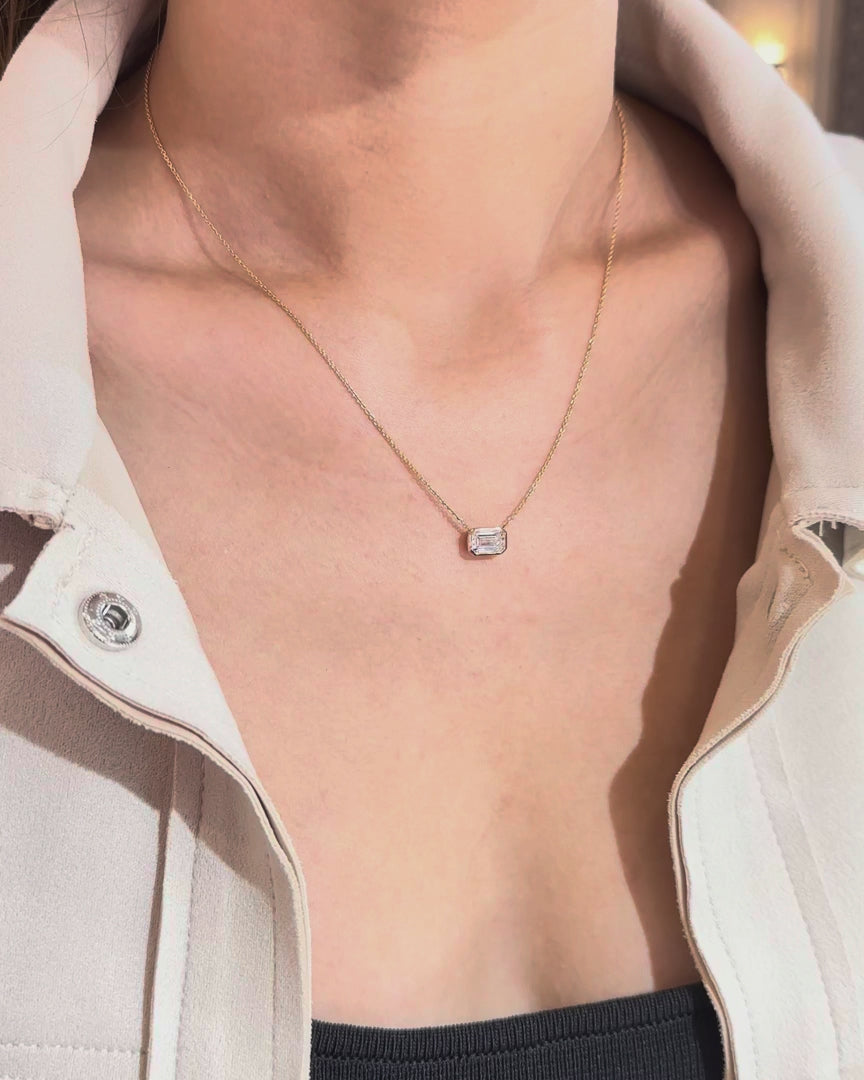 Bezel Set Emerald Cut East West Pendant Necklace | Lab Grown Diamond | 14K Yellow Gold Modern Design
