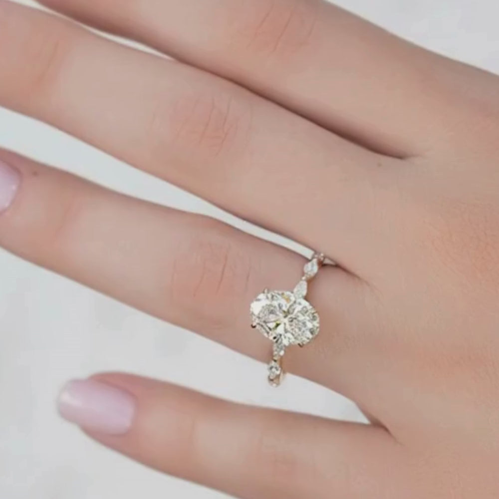 Oval Ring with Marquise Accent Solitaire | Lab Grown Diamond | 14K Yellow Gold