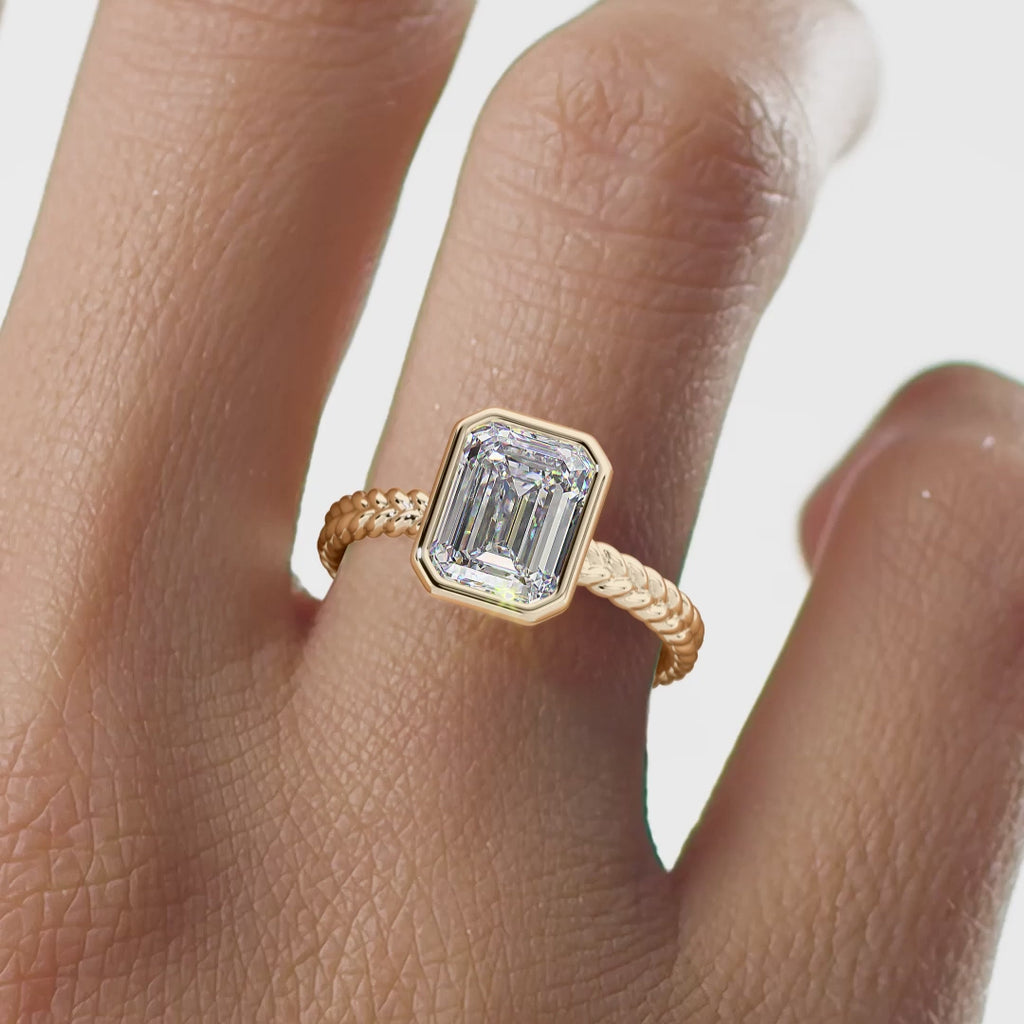 Modern Twisted Rope Emerald Cut Ring | Lab Grown Diamond | 14K Yellow Gold Classic Style