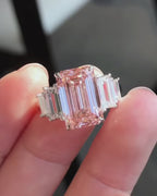 Art Deco Pink Emerald Cut Ring with Baguette Side Stones | Lab Grown Diamond | 14K Yellow Gold