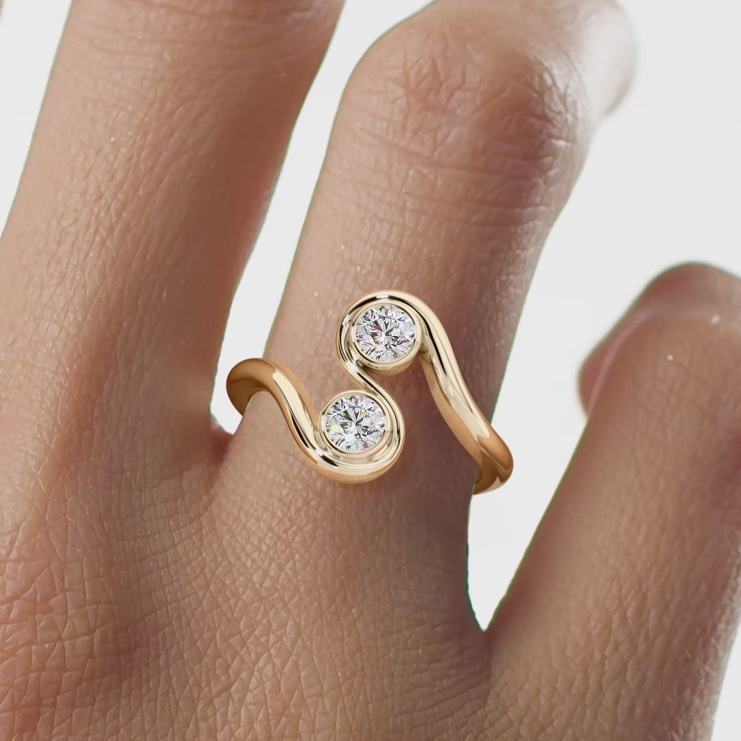 Two Round Cut Stone Swirl Ring | Lab Grown Diamond | 14K Yellow Gold Modern Ring