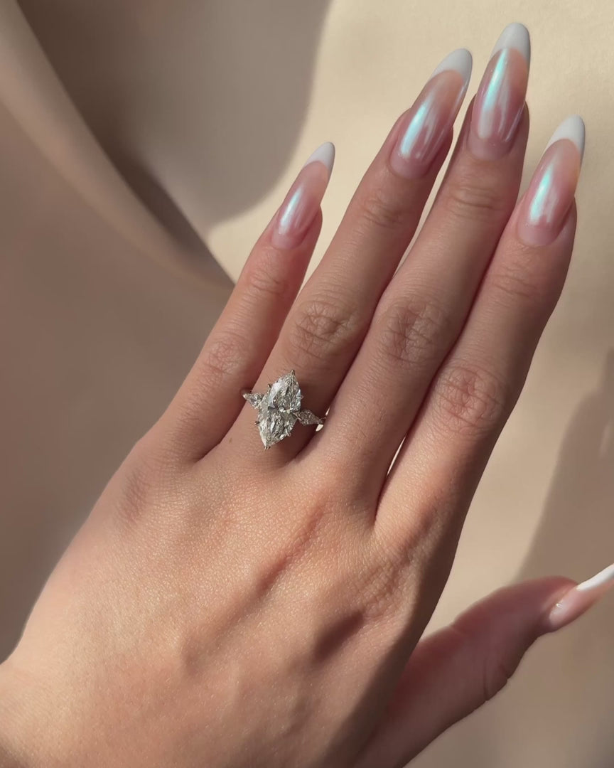 Marquise Lab Grown Diamond Engagement Ring, Marquise Diamond Ring with Kite Side Stones, 3 Carat Diamond Ring, Unique Three Stone Ring