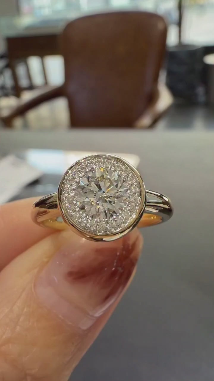 Round Lab Grown Diamond Halo Engagement Ring, Bezel Set Diamond Ring, 14K Yellow Gold, Statement Diamond Ring, IGI Certified