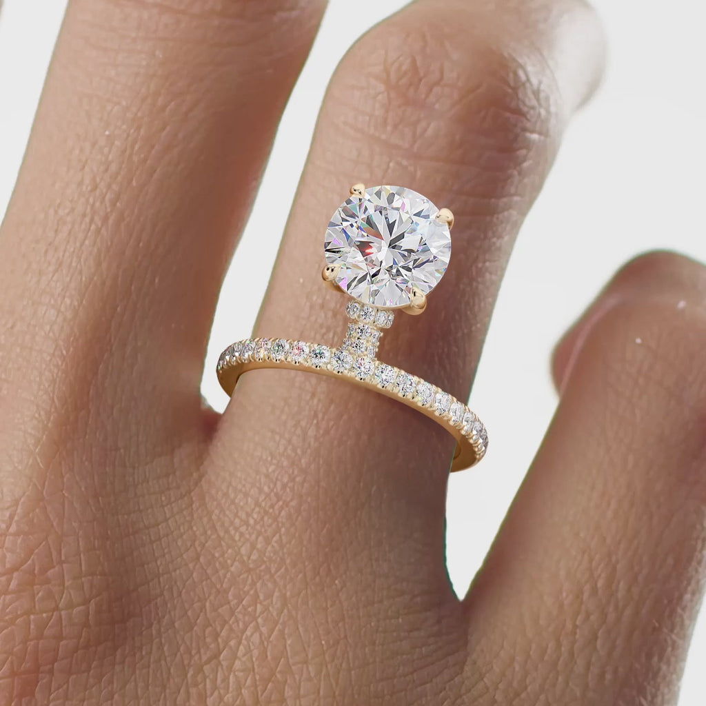 Round Brilliant Cut Engagement Ring with Hidden Halo & Pave Band | Lab Grown Diamond | 14K Yellow Gold