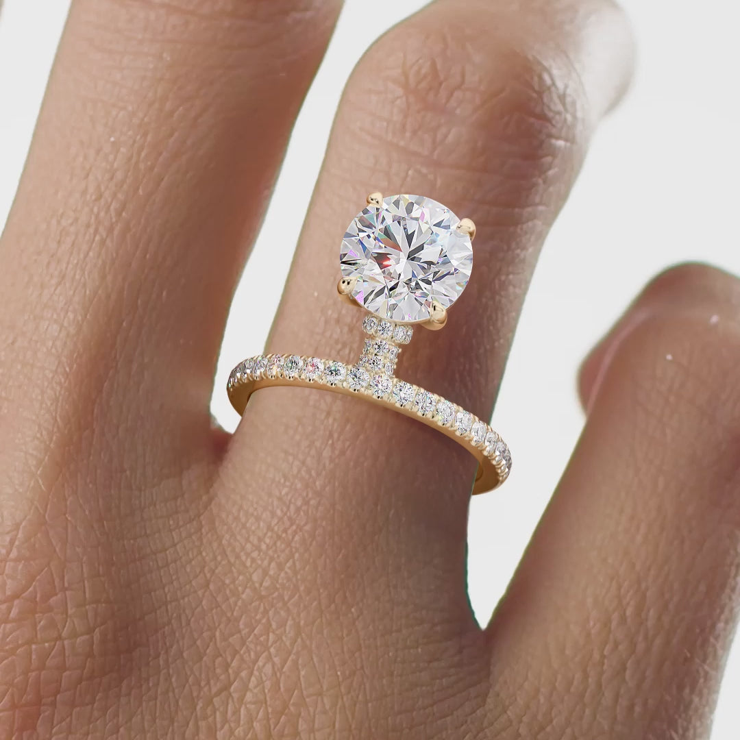Round Brilliant Cut Engagement Ring with Hidden Halo & Pave Band | Lab Grown Diamond | 14K Yellow Gold