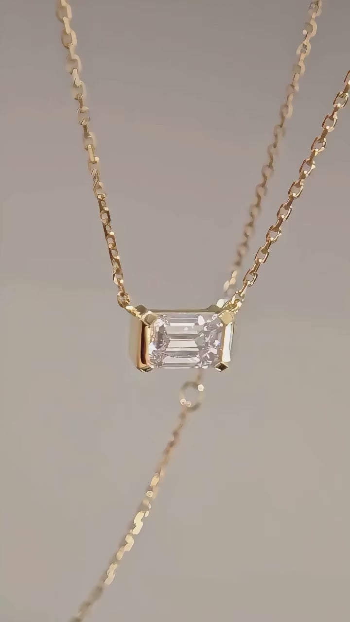 Dainty Emerald Cut Half Bezel Pendant Necklace | Lab Grown Diamond | 14K Yellow Gold