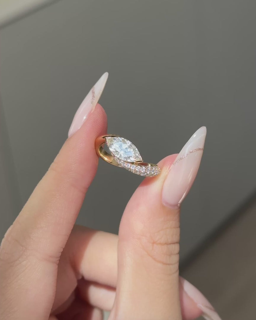 Marquise Lab Grown Diamond Engagement Ring, Modern Bypass Diamond Ring, 14K Yellow Gold Marquise Ring, Unique Diamond Engagement Ring