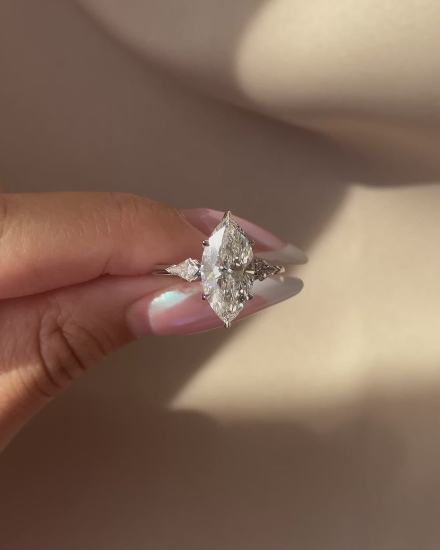 Marquise Lab Grown Diamond Engagement Ring, Marquise Diamond Ring with Kite Side Stones, 3 Carat Diamond Ring, Unique Three Stone Ring