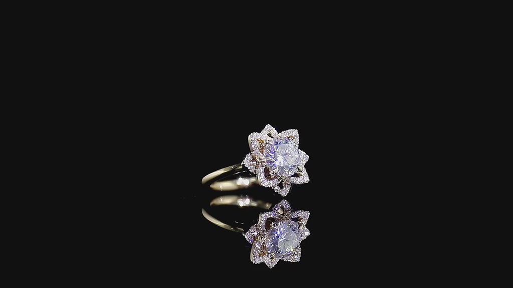 1.5ct Lab Grown Diamond Engagement Ring: 14K Gold Starburst Halo